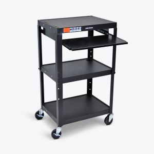 Adjustable-Height Steel AV Cart Three Shelves Black Front Keyboard Pulled Out